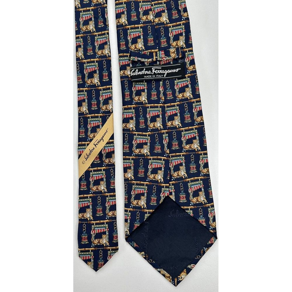 RARE Salvatore Ferragamo Blue Resting Tigers Circus Silk Tie Italy 3.5"x56"
